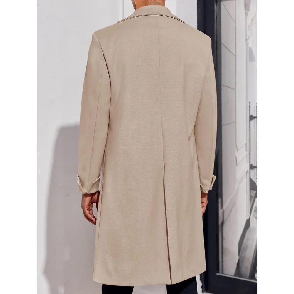 Men's Beige Notch Lapel Double Breasted Long Trench Coat Cotton Blend Pea coat